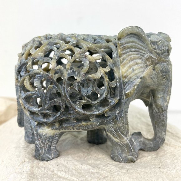 Indian Hand Carved Soapstone Elephant Undercut Double Layered Home Decor - Picture 5 of 11